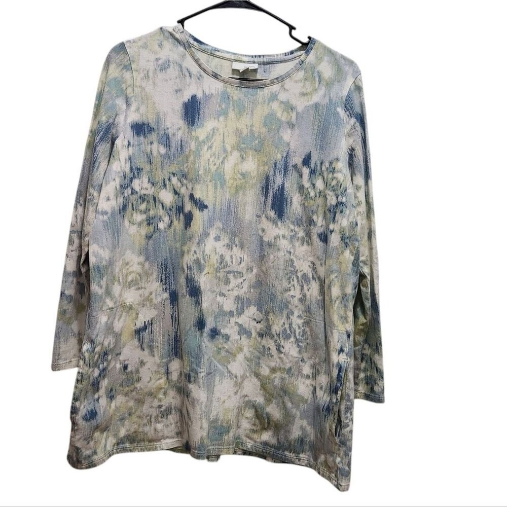 Pure Jill M Petite Pima Cotton Blue Green Watercolor Abstract Tunic 3/4 Sleeve